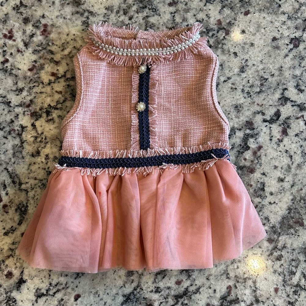 Bond&Co Pink Dog Dress Tweed With Navy Pearl Button Tulle, Size Small
